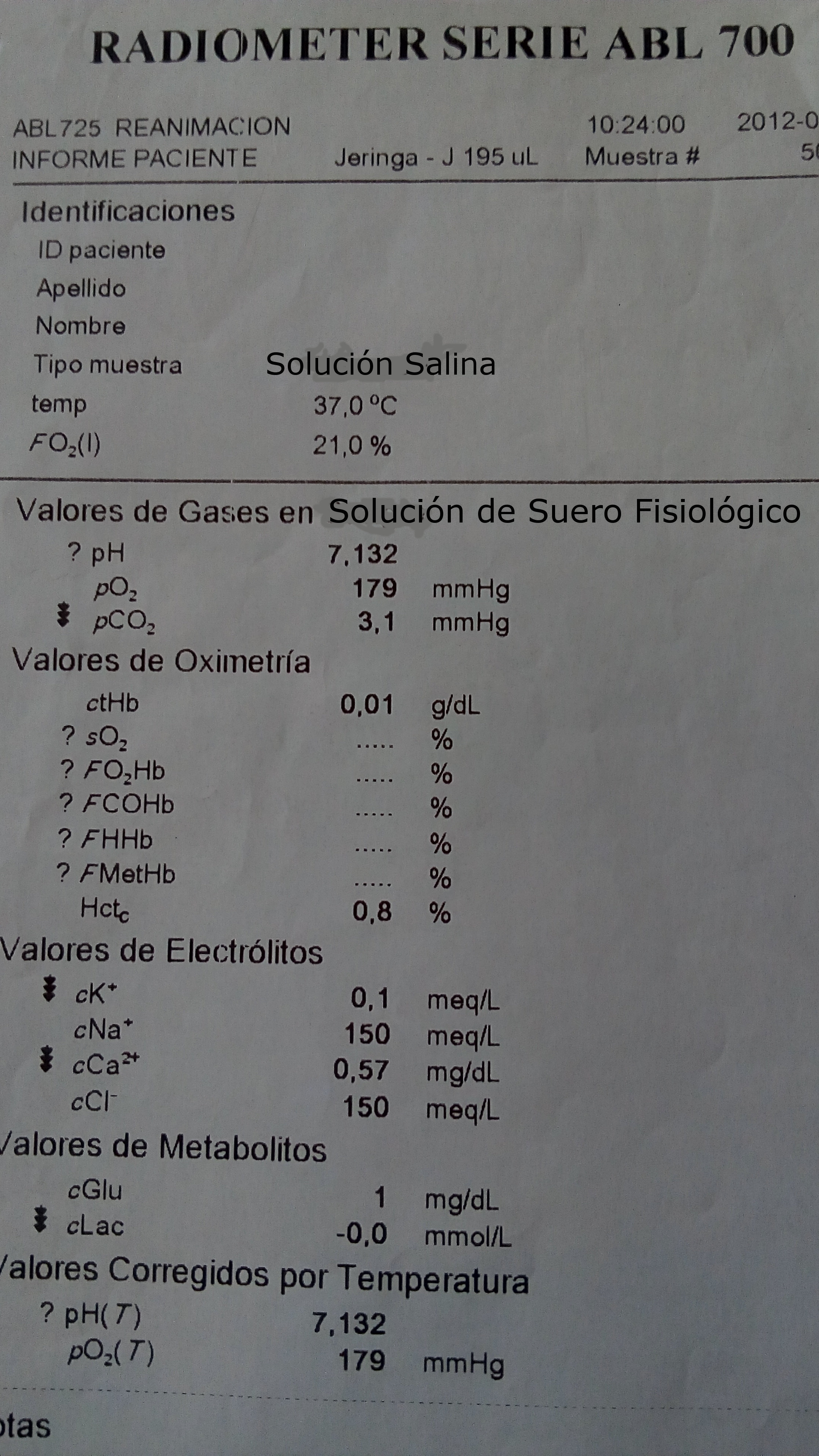 Gasometría de Suero Fisiilógico.